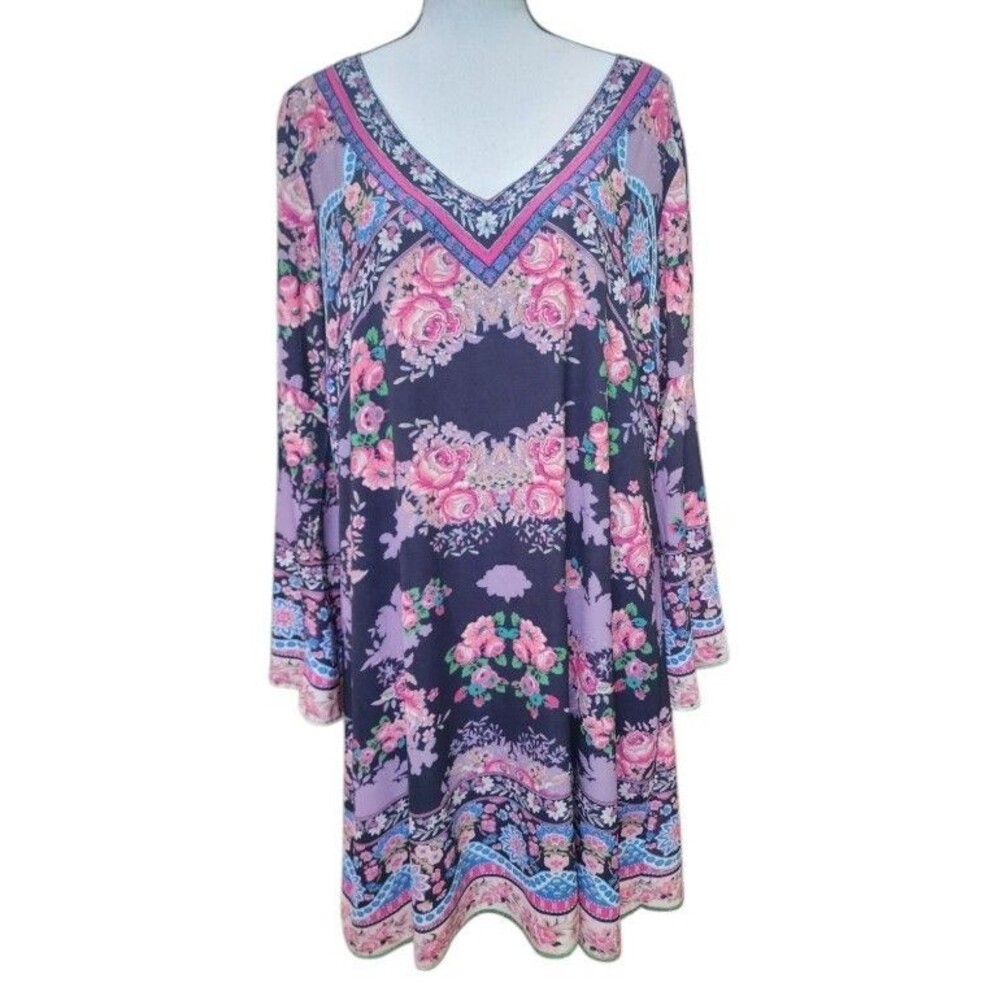 Flying Tomato Size 1X Dress Long Sleeve Boho Festival Flowy Back Zip Lined
